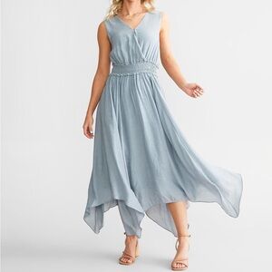 Buckle Black Size M Ruffle Smocked Midi Dress Handkerchief Hem Blue